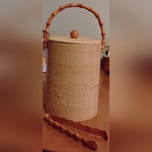 Vintage Grasscloth And Bamboo Ice Bucket with Tongs